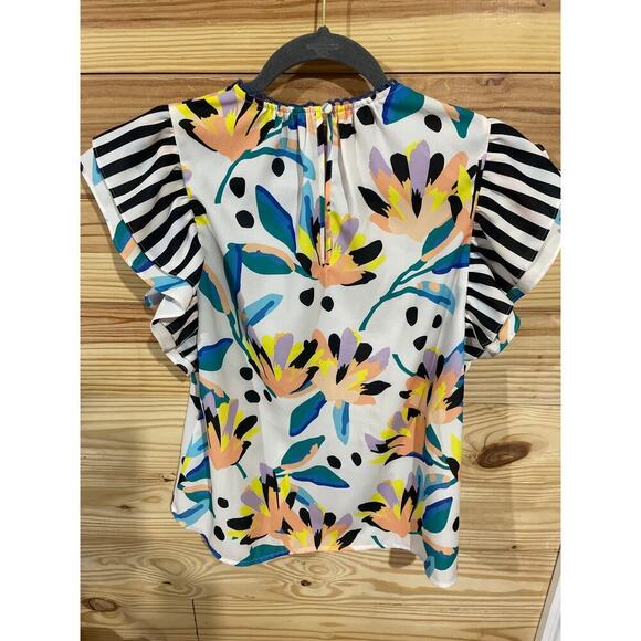 Crosby by Mollie Burch Flutter Cap Sleeve Zoe Top Island Lillies Mixed Print, XS - Picture 7 of 8